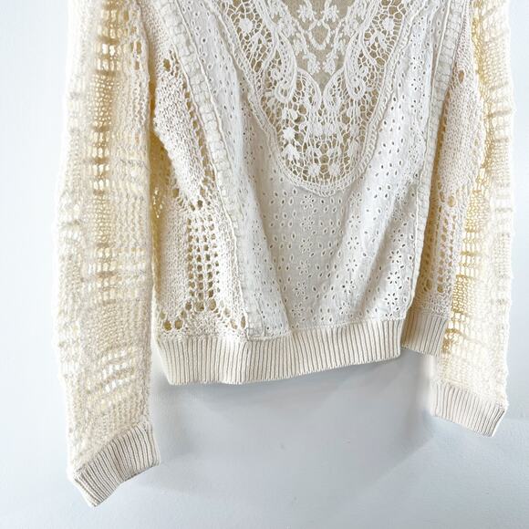 Free People Cotton Crochet Long Sleeve Crewneck Sweater Ivory Large - Picture 10 of 10